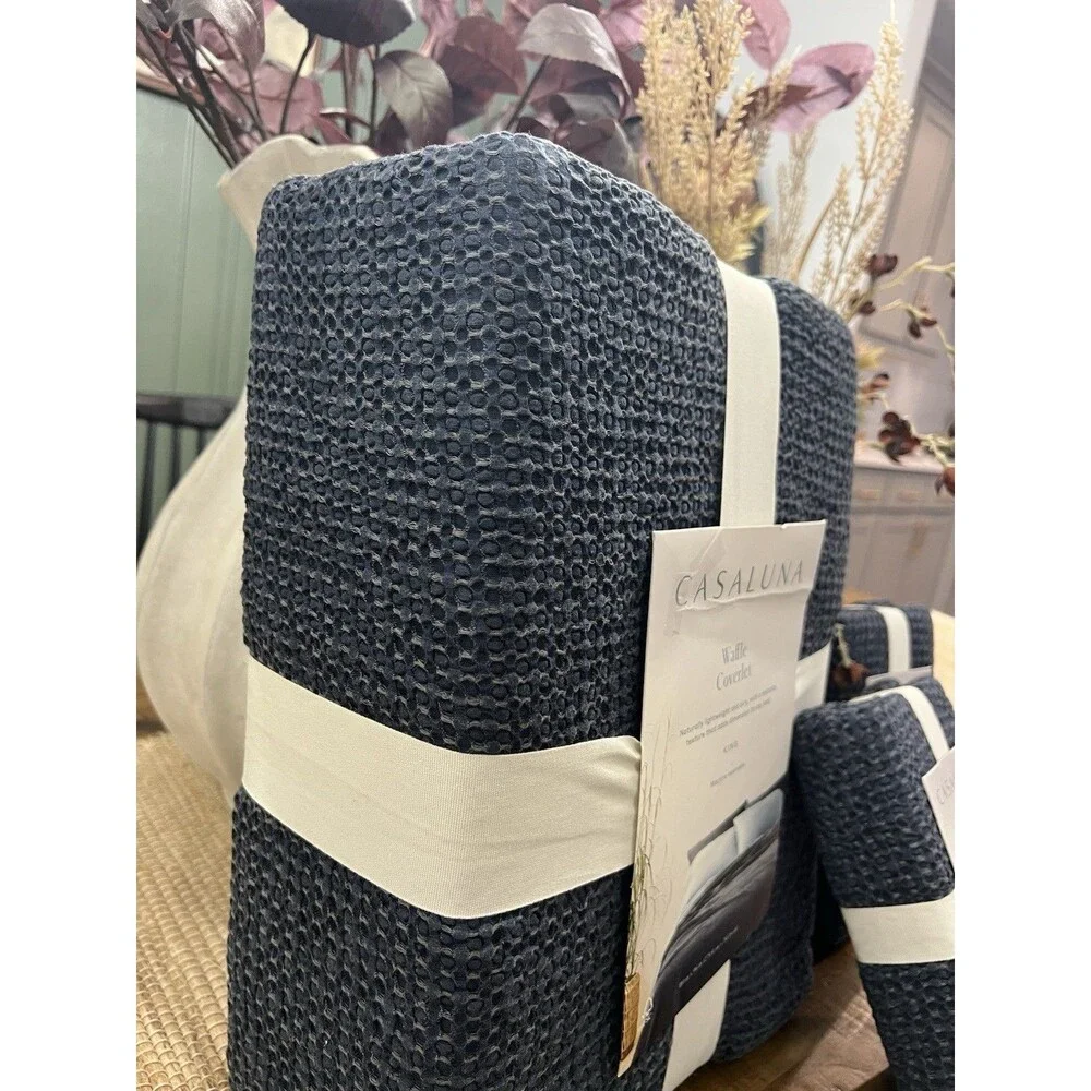 SET! King Textured Waffle Coverlet & 2 King Shams Dark Mineral Blue Casaluna
